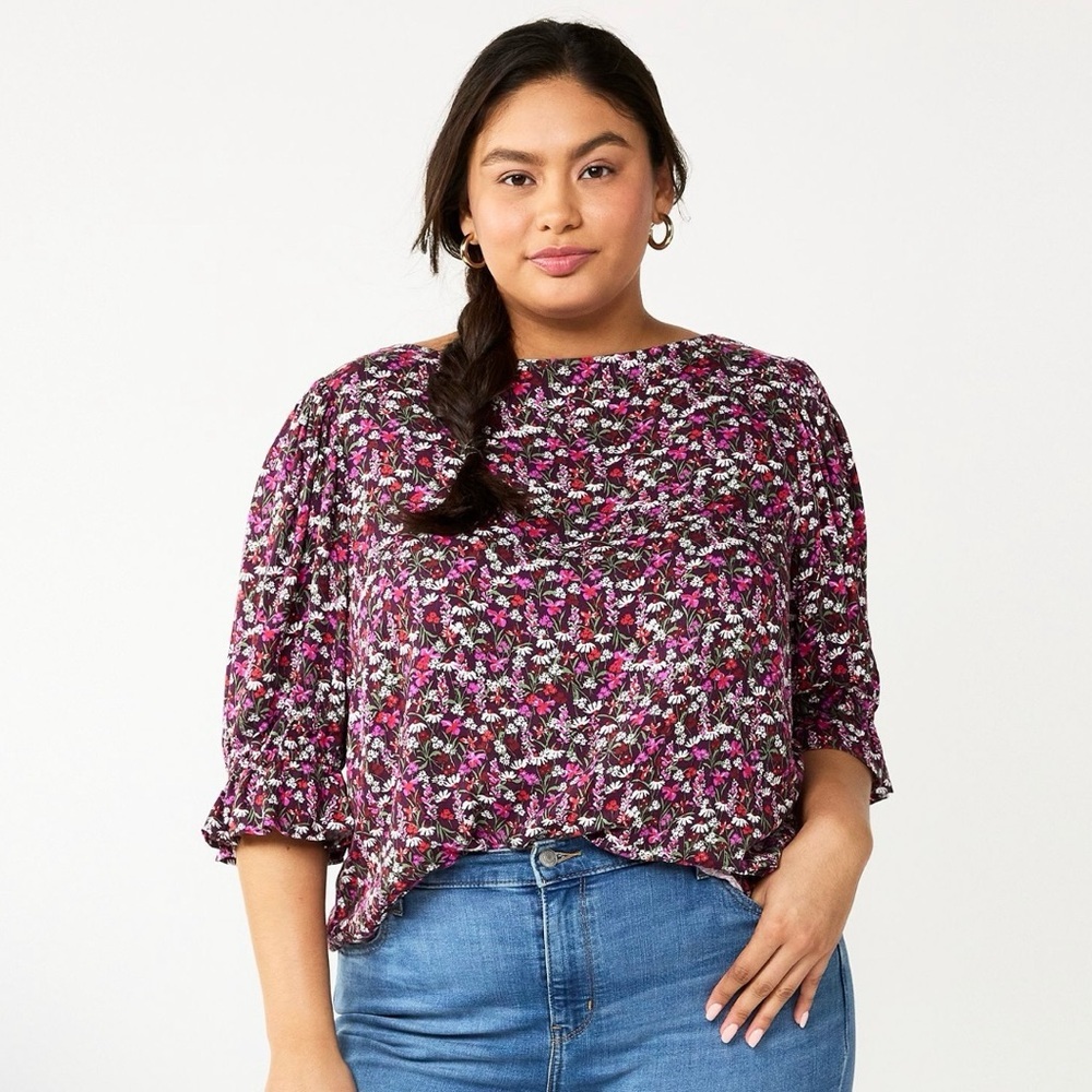 Draper James RSVP New Womens XXL Cropped Ruffled Top Plum Multi Floral Cottage